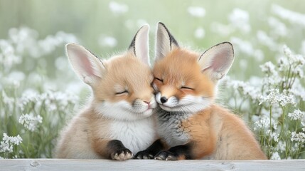 Naklejka premium Two fox kits cuddling in spring flowers