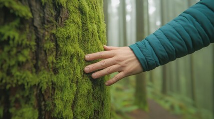 A close-up view of a human hand gently touching the moss-covered bark of a tree in a misty forest, highlighting the lush green texture