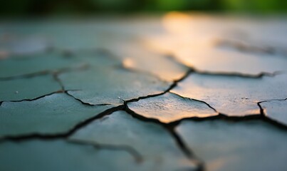 Obraz premium Cracked, weathered, teal, paint surface, sunlit, close-up.