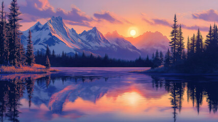 Serene lake reflecting the majestic mountain range as the sun rises in a beautiful scene