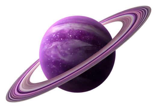 Exploring purple planet with rings outer space digital cosmic view isolated on transparent background