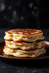 High stack of pancakes on a dark plate, great for dramatic food photography, restaurant promotions, and culinary websites. The dark background emphasizes the subject.