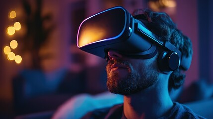 Immersive Reality: A man experiencing the virtual world through a VR headset, bathed in a futuristic, ambient glow.
