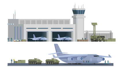 Military Airbase Vector Illustration. Aircraft, Vehicles, Staff, and Editable Modular Infographic Elements