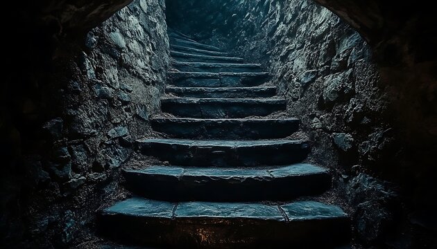 Dark stone stairs, ancient tunnel, mystery