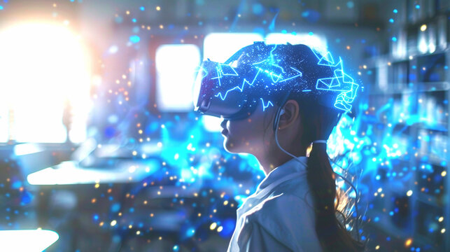 VR headset student exploring artificial intelligence educational content 
