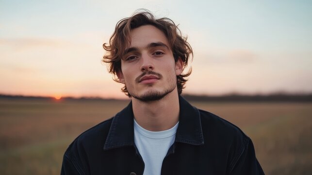 Man outdoors sunset field portrait