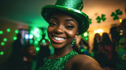 St. Patrick's Day Portrait of a cheerful African girl wearing a green sequined dress and a leprechaun hat, smiling brightly for a selfie. The background shows a lively nighttime home