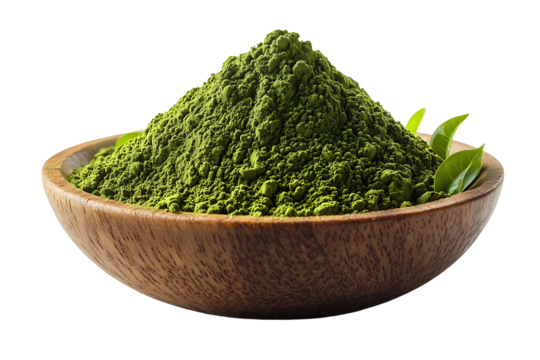 Instant matcha green tea powder in a wooden bowl, isolated on a transparent background. PNG file - Powered by Adobe