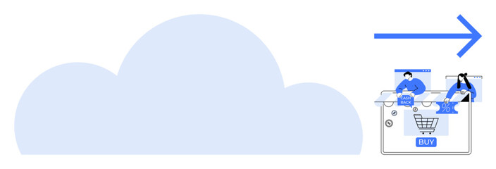 Cloud icon with an arrow pointing towards a laptop screen displaying an online shopping interface. Ideal for cloud computing, e-commerce, data storage, digital marketing, process automation, IT