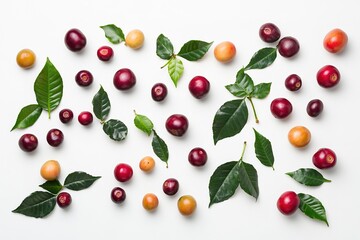 A variety of ripe coffee cherries with leaves