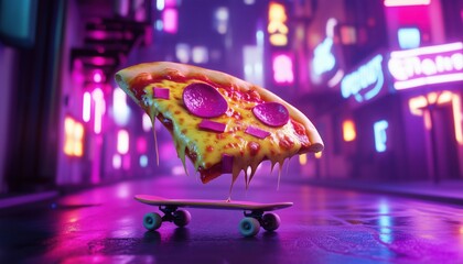 Skateboarding Pizza Slice in a Neon City - Perfect for creative projects, branding, posters, and content related to fast food, street culture, and quirky cartoon designs