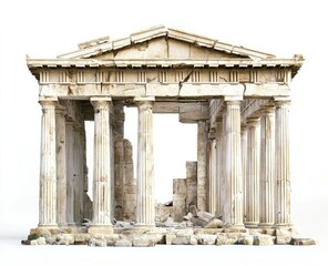 Obraz premium A highly detailed and realistic photograph of an ancient Greek temple, with broken columns and arches isolated on a white background