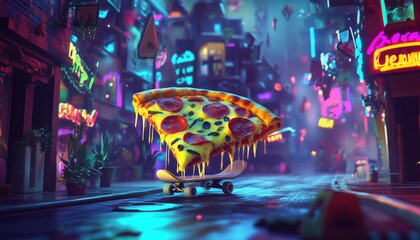 Skateboarding Pizza Slice in a Neon City - Perfect for creative projects, branding, posters, and content related to fast food, street culture, and quirky cartoon designs