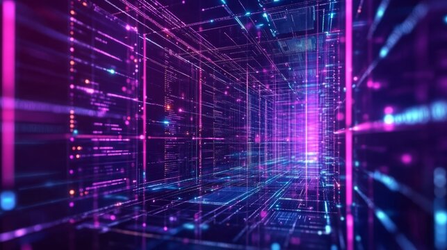 Neon technology background with purple, violet, and blue digital circuit board design featuring integrated network connections and 3d illustration of a pcb server processing code for high-tech and cyb