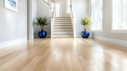 Bright entryway with hardwood floor, staircase, and plants
