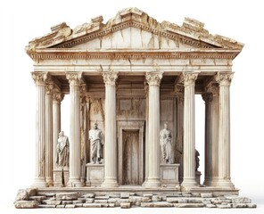 Obraz premium A Roman temple with broken columns and statues on an isolated white background