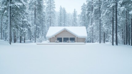 Snowy cabin in pine forest, winter landscape, tranquil scene