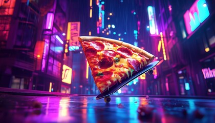 Skateboarding Pizza Slice in a Neon City - Perfect for creative projects, branding, posters, and content related to fast food, street culture, and quirky cartoon designs