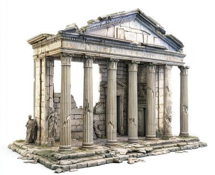 A Roman temple with broken columns and statues on an isolated white background