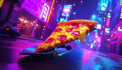 Skateboarding Pizza Slice in a Neon City - Perfect for creative projects, branding, posters, and content related to fast food, street culture, and quirky cartoon designs