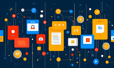 Abstract digital network background with interconnected data icons and symbols