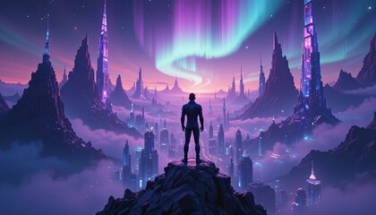 Fototapeta premium Epic mountain view with aurora fantasy city digital art mystical landscape
