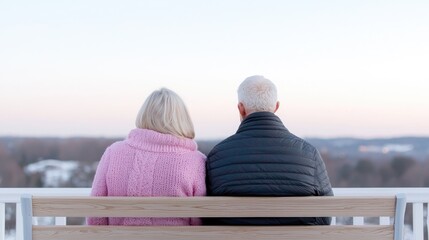 Elderly couple sits on a bench overlooking a winter landscape. Possible use Stock photo for elderly relationships, winter scenes, or peaceful moments