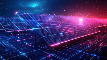 Futuristic solar panels in a digital landscape.