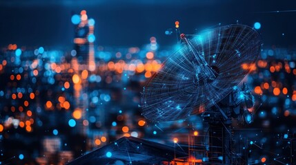 Satellite dish with a city skyline backdrop.