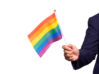 Hand holding a small LGBTQ+ flag against a transparent background.