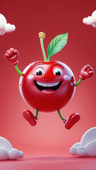 A cheerful cherry character jumps with joy against a red backdrop, surrounded by fluffy white clouds, exuding pure happiness and playfulness.