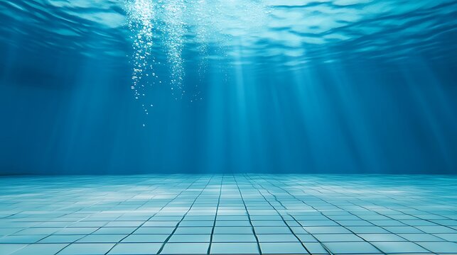 Underwater pool scene with sunbeams and bubbles