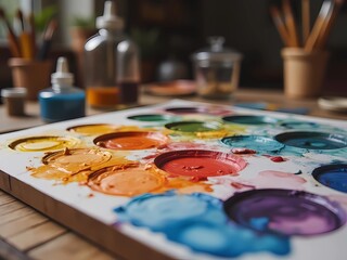 palette with paints and brushes, close up of colorful paint brushes, created whit A.I generative. 