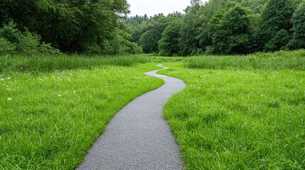 Obraz premium Winding path through lush green meadow, forest backdrop