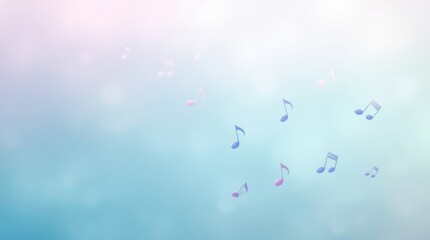 Floating musical notes create a light and airy composition against a pastel blue background.