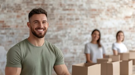 Smiling Man with Cardboard Boxes and Volunteers in Light Space