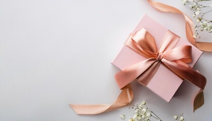 Pastel Pink Gift Box with Rose Gold Ribbon on White Background. Top View of Mother Day Gifts with Copy Space