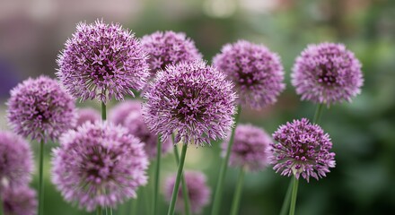 Fototapeta premium Giant allium flowers blooming in white and purple at the garden 