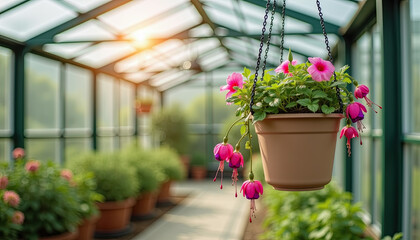 Pink petunias in a brown hanging pot, inside a greenhouse. Suitable for gardening blogs, floriculture websites, home decor inspiration, and spring/summer promotions.