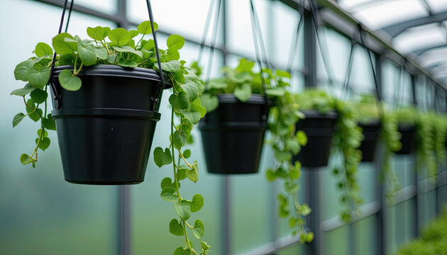 Green trailing plants in black hanging pots, greenhouse interior. For gardening and home decor blogs, websites about indoor plants, and resources on creating green spaces. - Powered by Adobe