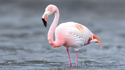 Pink flamingo wading in shallow water, coastal wetland background, wildlife photography