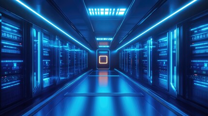 Obraz premium A futuristic server room with glowing blue racks, illuminated pathways, and a high-tech design. Ideal for cloud computing, cybersecurity, AI, and data storage concepts