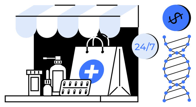 A pharmacy storefront featuring a medical bag, pill bottle, pills, hand sanitizer, DNA helix, dollar sign, and 247 availability. Ideal for healthcare, online services convenience affordability