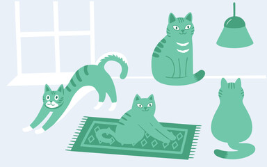 Fototapeta premium Set green stylized cats in the apartment