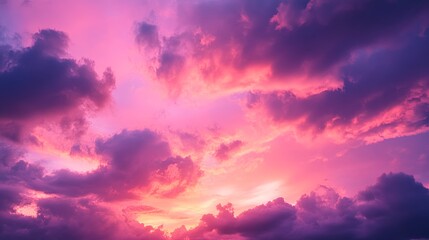 Obraz premium Vibrant pink and purple sunset sky with dramatic clouds, serene atmosphere. Tranquil nature and relaxation concept