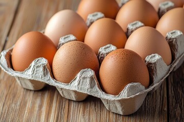 Eggs in a cardboard box on a wooden background. Top view