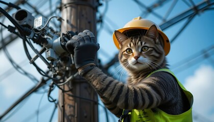 Cat Electrician Working on Power Lines Wearing Hard Hat and Safety Vest