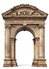 An ancient Roman arch with decorative carvings, isolated on a white background
