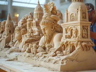 Man sculpting a castle from sand at the beach with other sand sculptures being created nearby